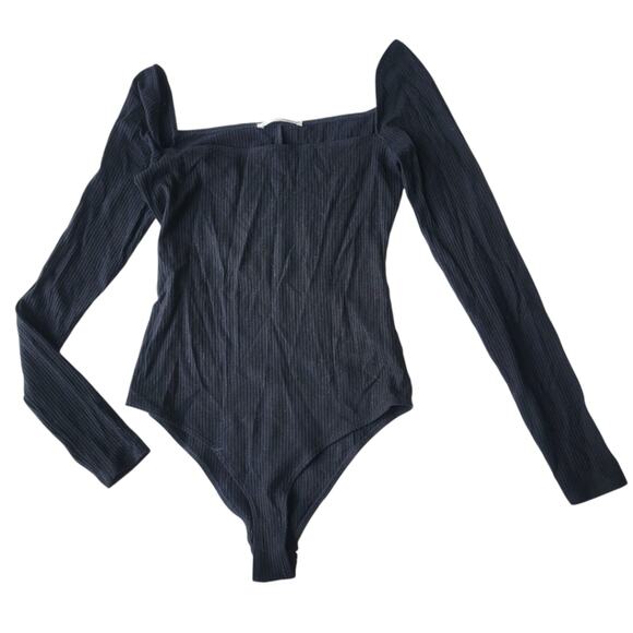 Reformation Gaia Ribbed Square Neck Long Sleeve Bodysuit Black Small - Picture 3 of 7